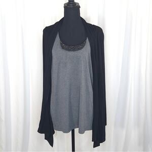 Black Gray Faux Cardigan Top XL Handkerchief Hem Stretch Layered Blouse Office